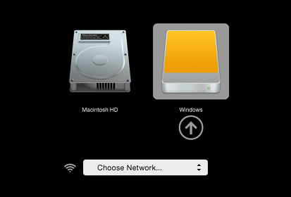 Pantalla
amb el logotip d'un disc dur intern amb l'etiqueta de 'Macintosh HD' i un
disc dur extern amb l'etiqueta 'Windows' (seleccionat)