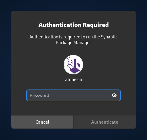 Authentication required: amnesia password (also called *administration password* or *root password*)