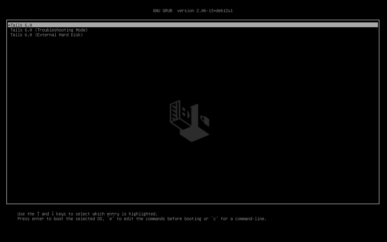 Black screen ('GNU
GRUB') with Tails logo and 2 options: 'Tails' and 'Tails (Troubleshooting
Mode)'.