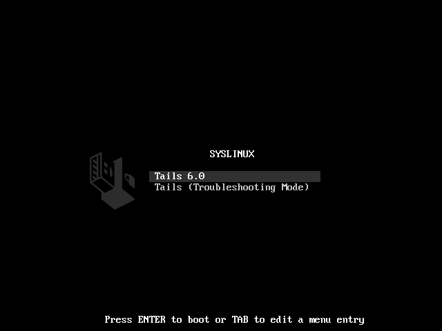 Чёрный экран ('SYSLINUX') с
логотипом Tails и двумя опциями: 'Tails' and 'Tails (Troubleshooting Mode)'.